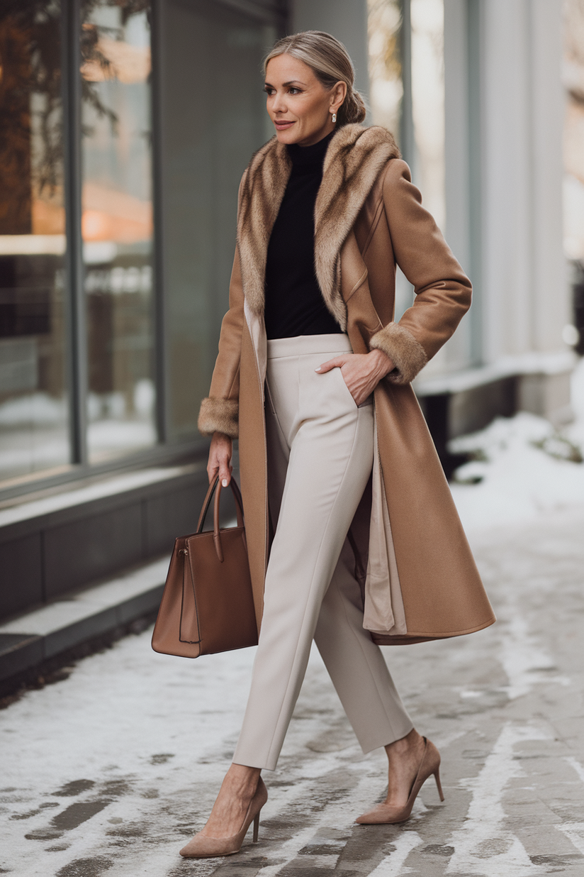 Beige suede stiletto heels paired with a camel coat and white trousers in an elegant winter setting.