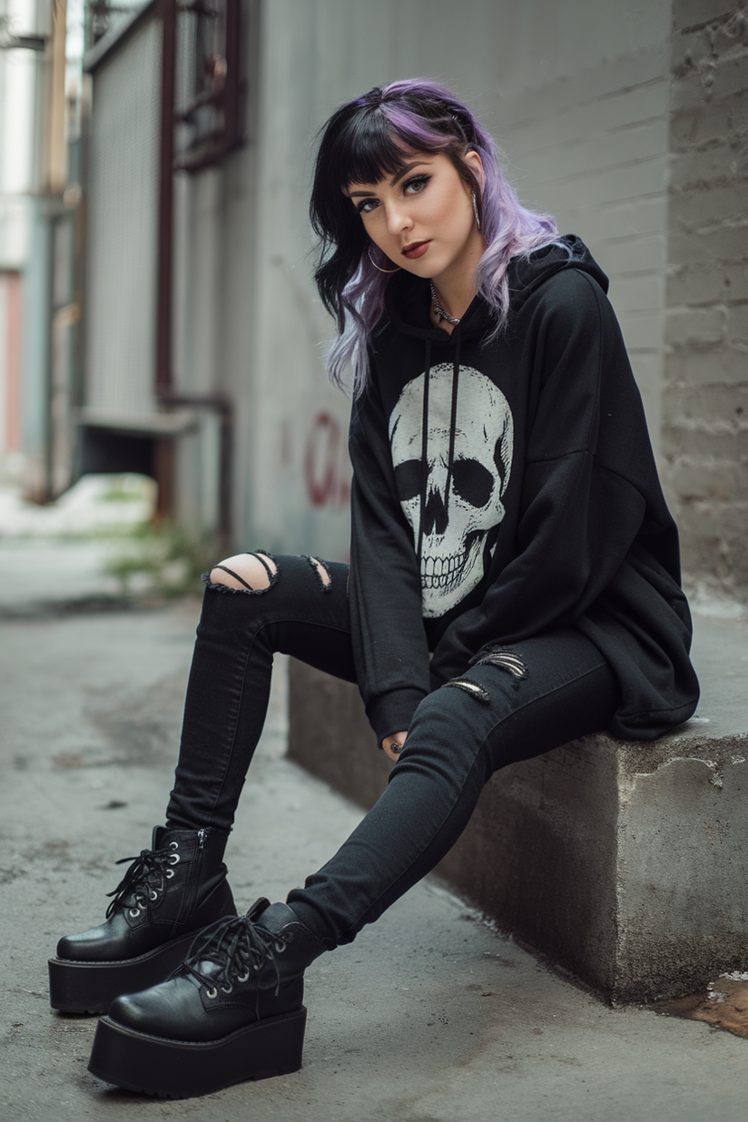 A woman in ripped black jeans and a skull-printed hoodie, with platform boots, sitting on concrete steps in an urban alley.