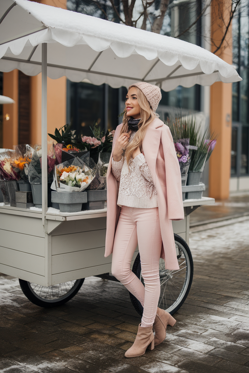 Woman in pink skinny jeans, beige boots, and a lace sweater with a pastel pink coat by a snowy flower cart.