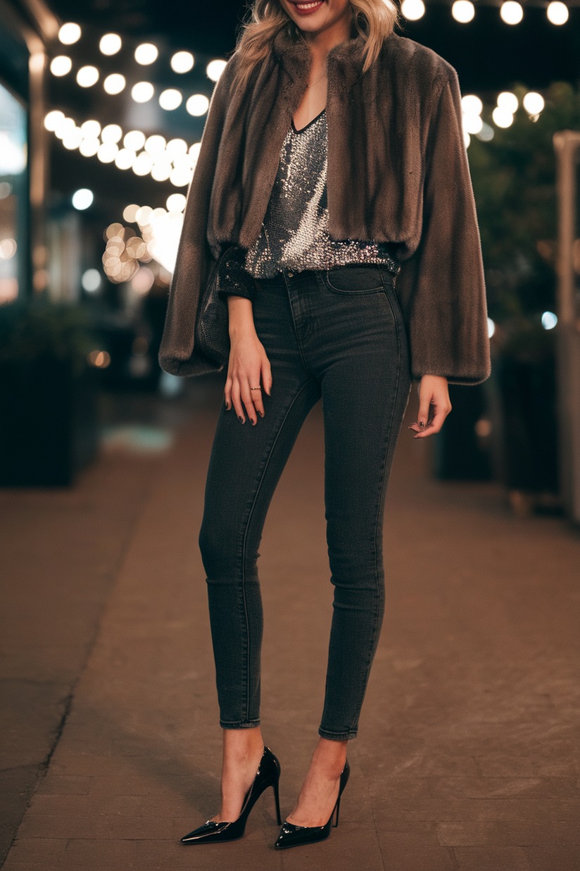 Black patent leather pointed-toe heels styled with dark-wash jeans and a silver top for winter outings.