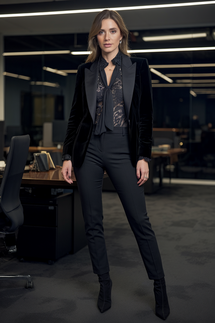 A woman in a black velvet blazer, lace blouse, and slim black trousers for a gothic-inspired winter work outfit.