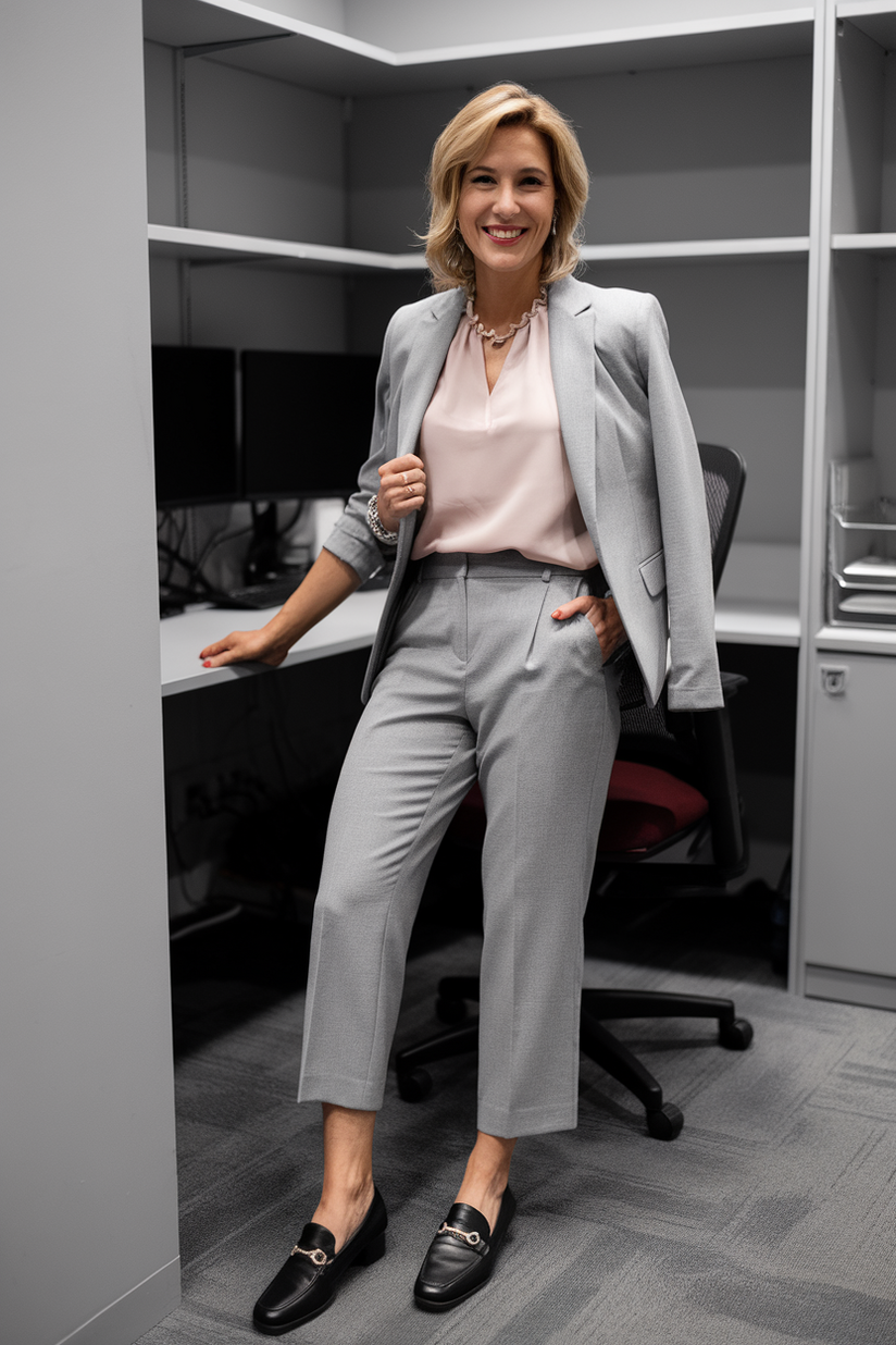 Gray cropped trousers styled with a light gray blazer and pink blouse for spring work fashion.