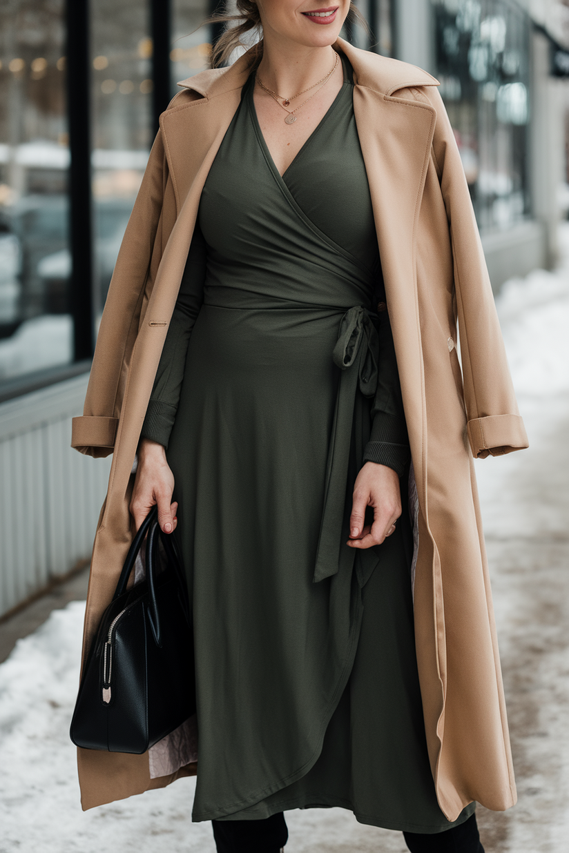 Winter outfit with a green dress, camel trench coat, and black boots.