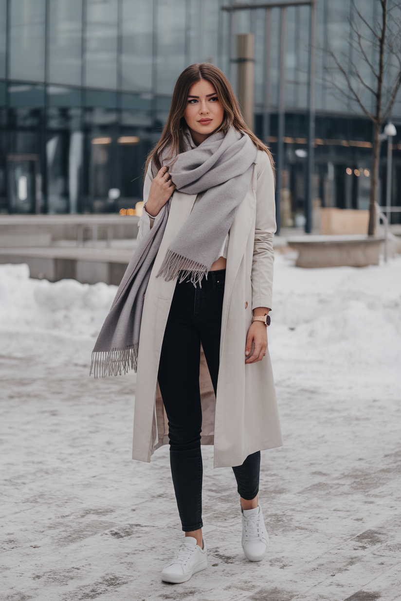 Winter outfit with a grey scarf, beige trench coat, and black jeans.