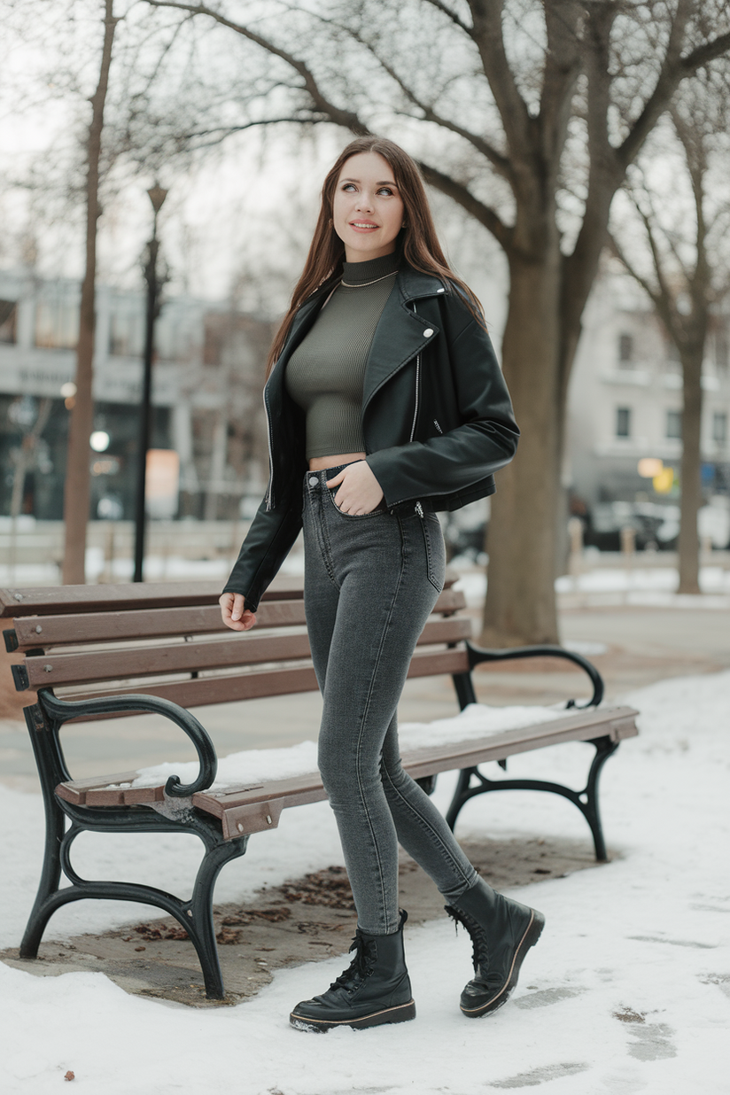 Woman in gray skinny jeans, combat boots, and a green turtleneck with a black leather jacket in a snowy park.