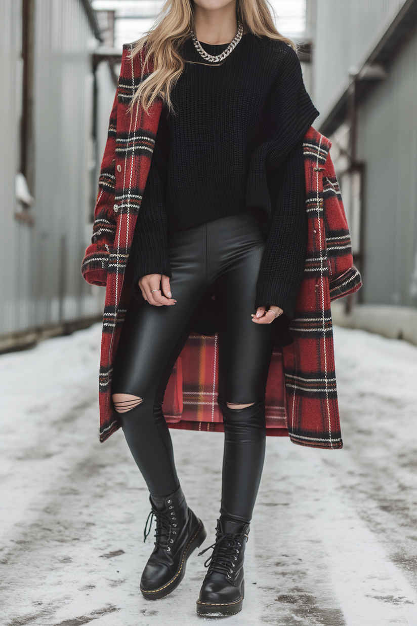 Grunge winter outfit with ripped black leggings, a black sweater, and a plaid coat.