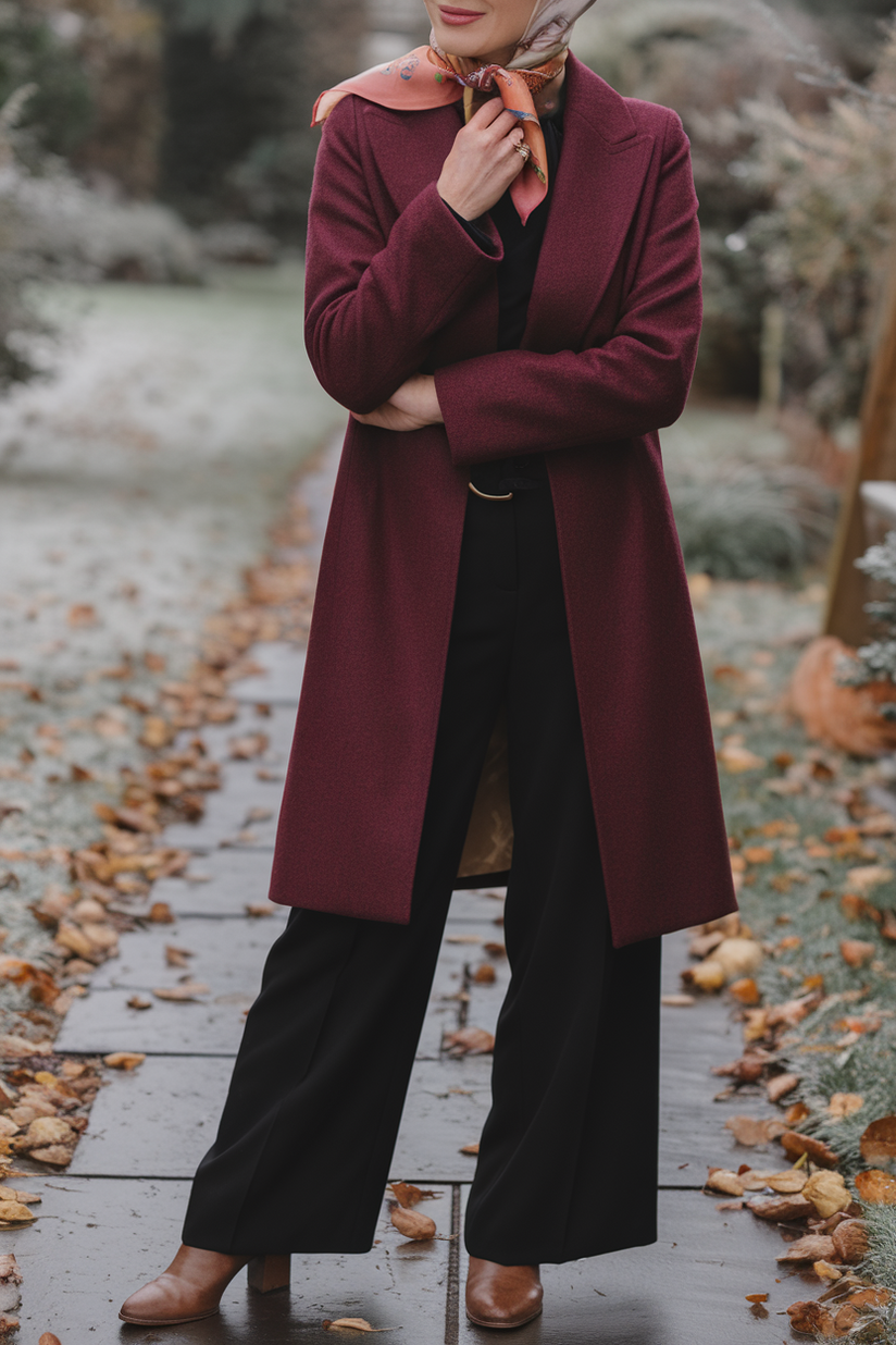 Winter fall outfit with a silk headscarf and burgundy coat.