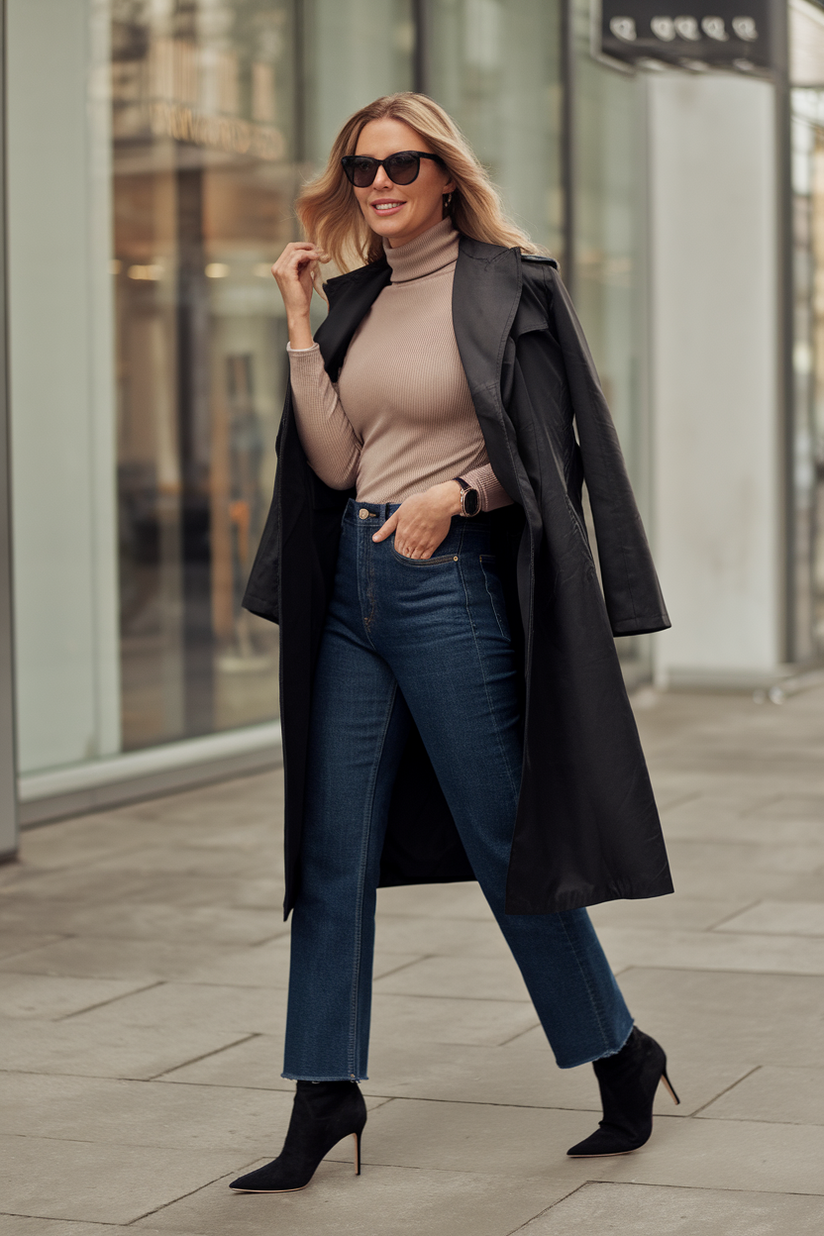 Woman in dark jeans and black stiletto boots paired with a turtleneck sweater and trench coat on a city street.