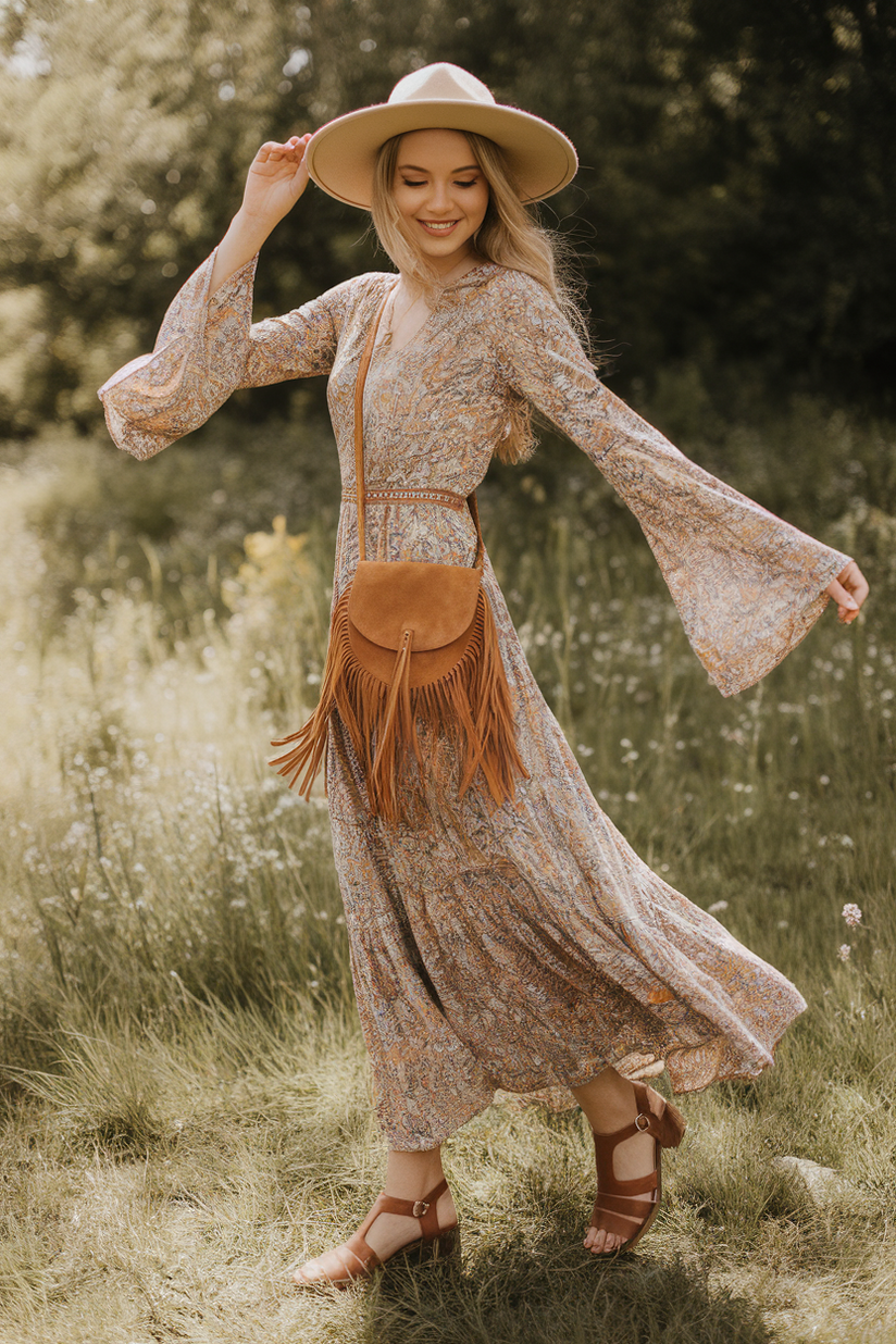 A modest 70s floral maxi dress with bell sleeves and leather sandals in a sunny meadow.