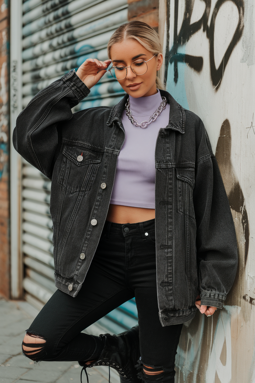 A soft grunge outfit with a black oversized denim jacket, ripped black jeans, and a lavender crop top, styled with combat boots and a silver necklace.