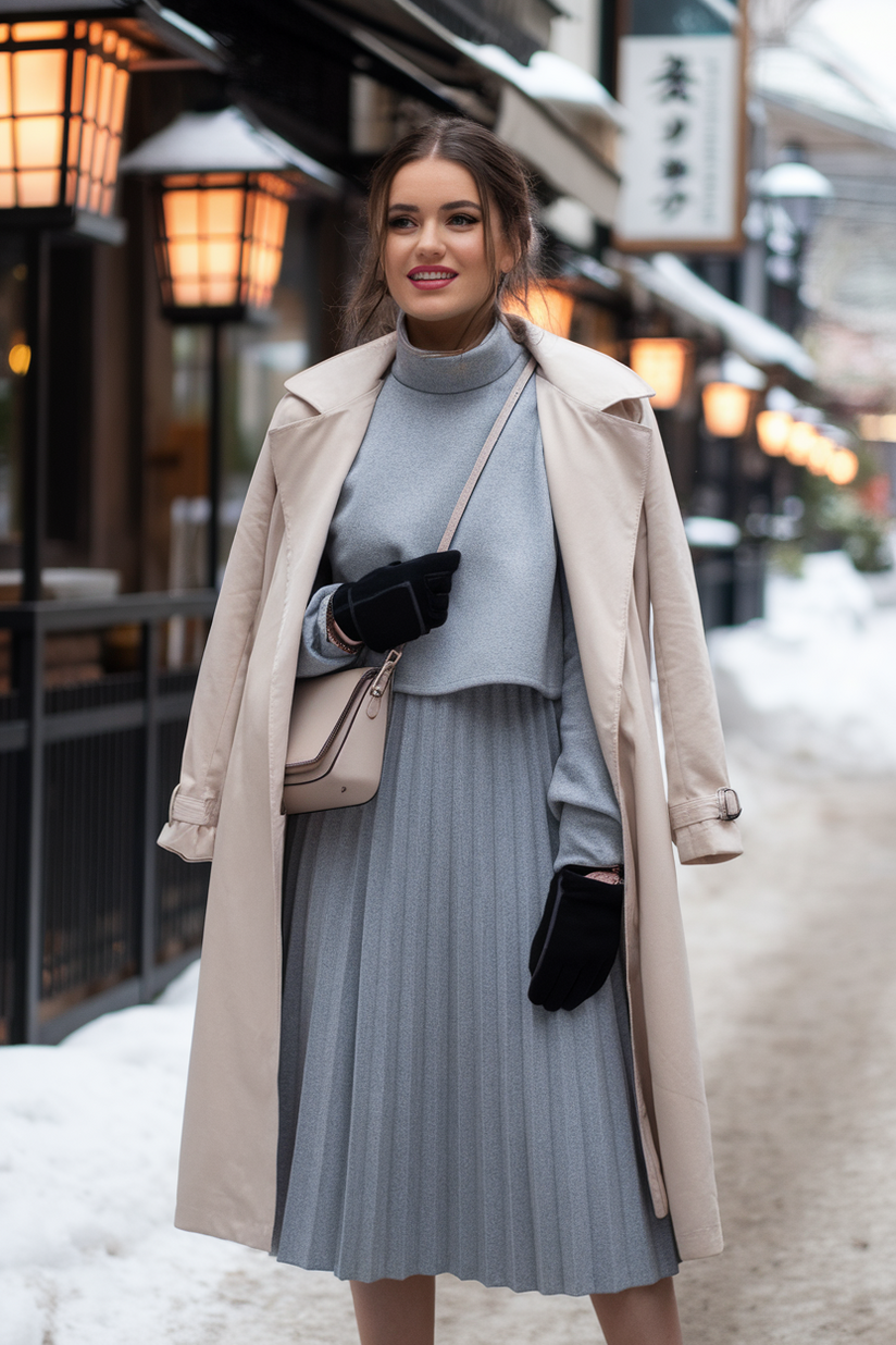 Japanese winter outfit with a gray pleated dress, trench coat, and black ankle boots.