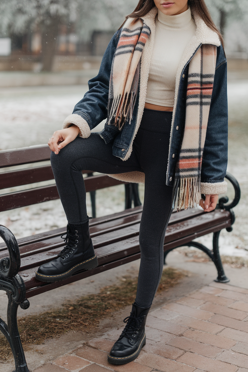 Winter outfit with gray leggings, a turtleneck, and a sherpa-lined denim jacket.