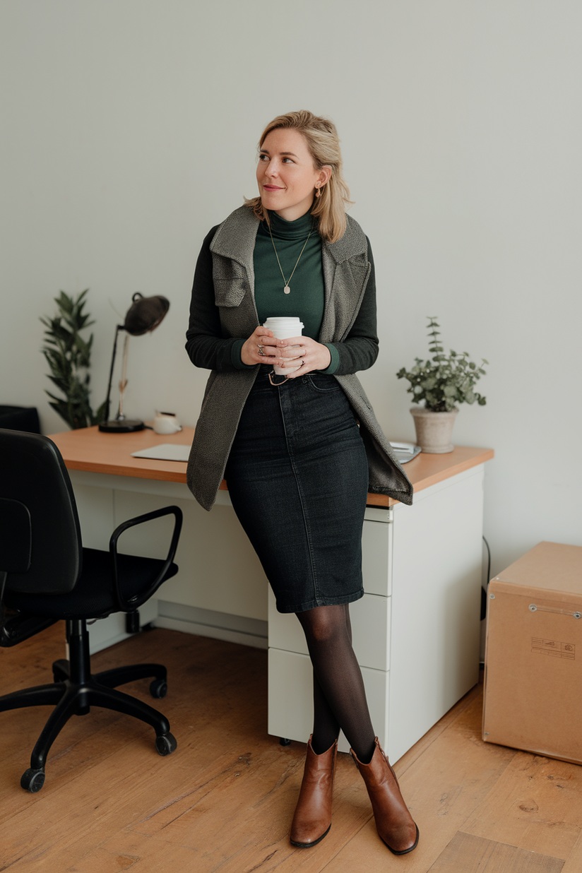 A woman in a denim skirt, green turtleneck, and brown ankle boots, styled for a winter work outfit.