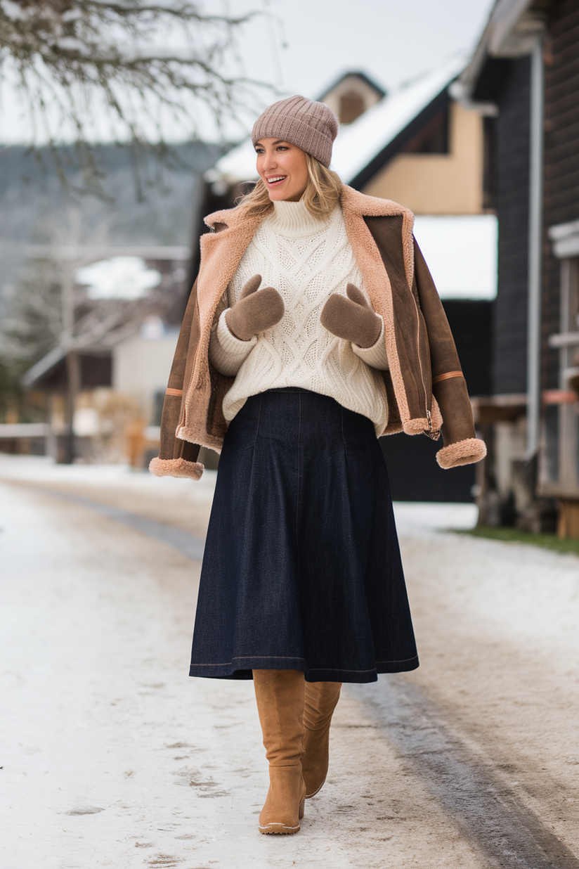 Winter outfit with a dark denim skirt, cream sweater, and tan suede knee-high boots.