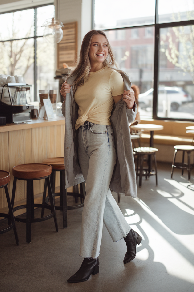 Woman in light-wash jeans, yellow t-shirt, and black ankle boots in a sunlit coffee shop.