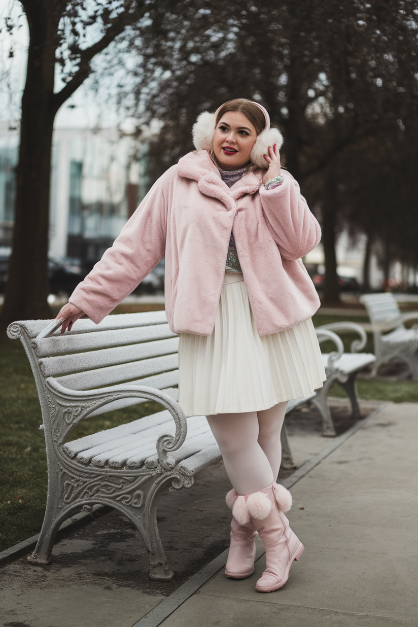 A plus-size woman in a pastel pink faux fur coat, white pleated skirt, and pink boots, styled in a kawaii winter fashion.