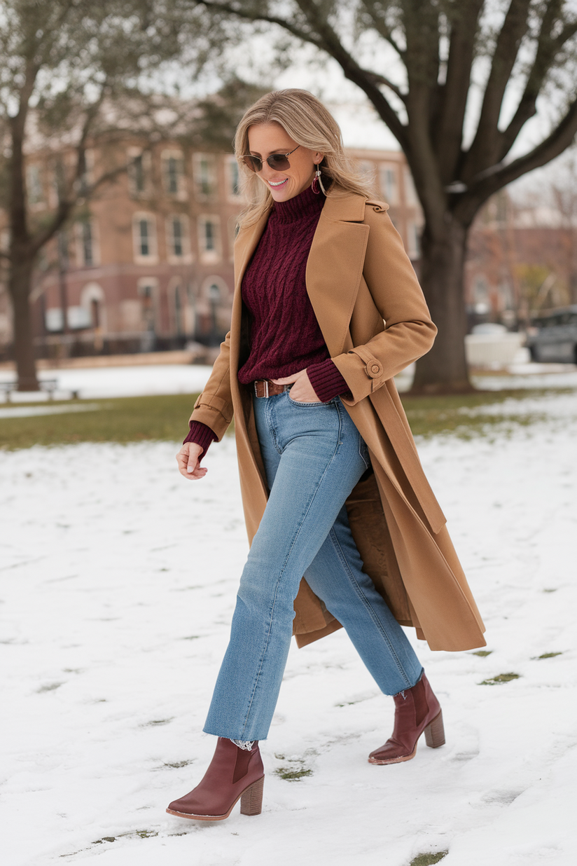 Woman in kick boot jeans, brown boots, and a maroon sweater with a tan trench coat in a snowy park.