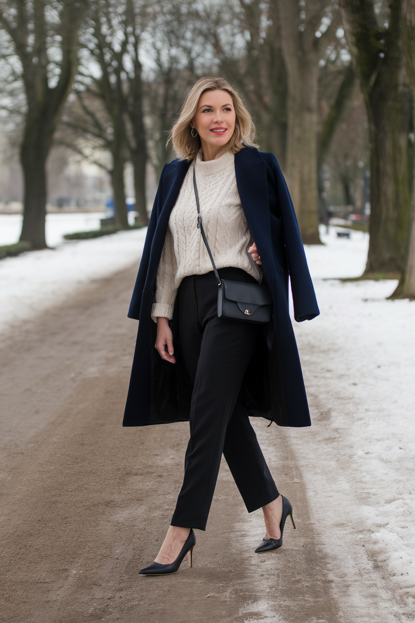 Black leather kitten heels paired with a navy wool coat and cream sweater in a winter park setting.