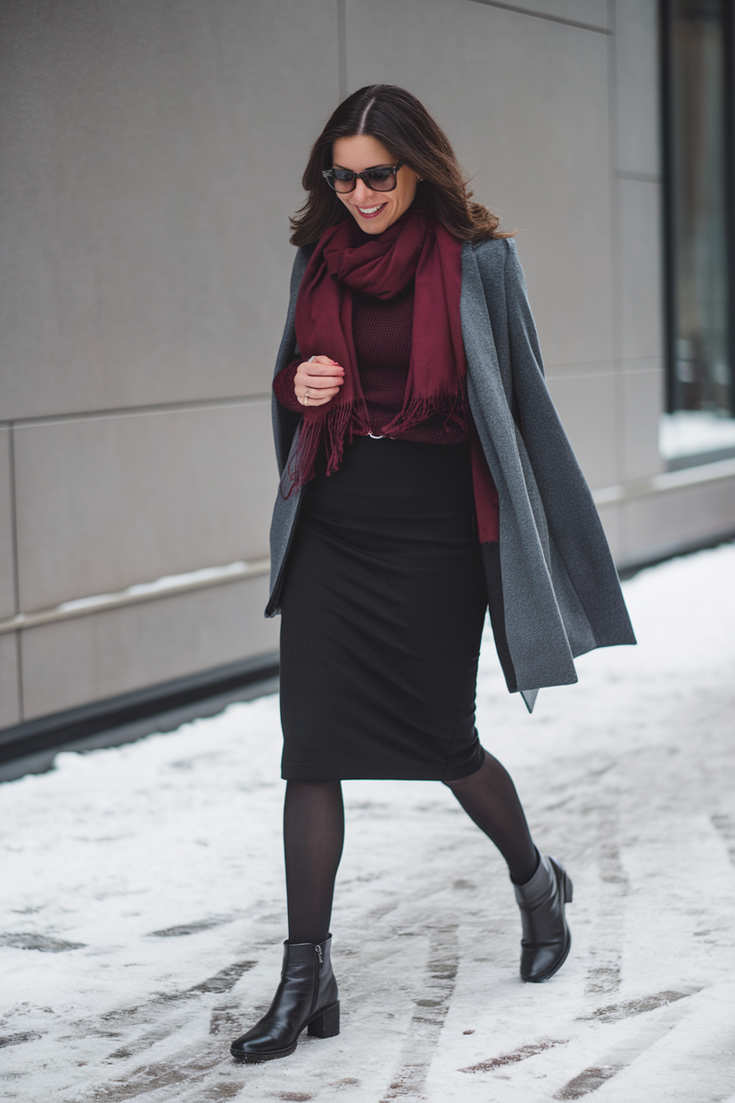 Winter outfit with a black knee-length skirt, maroon sweater, and black ankle boots.