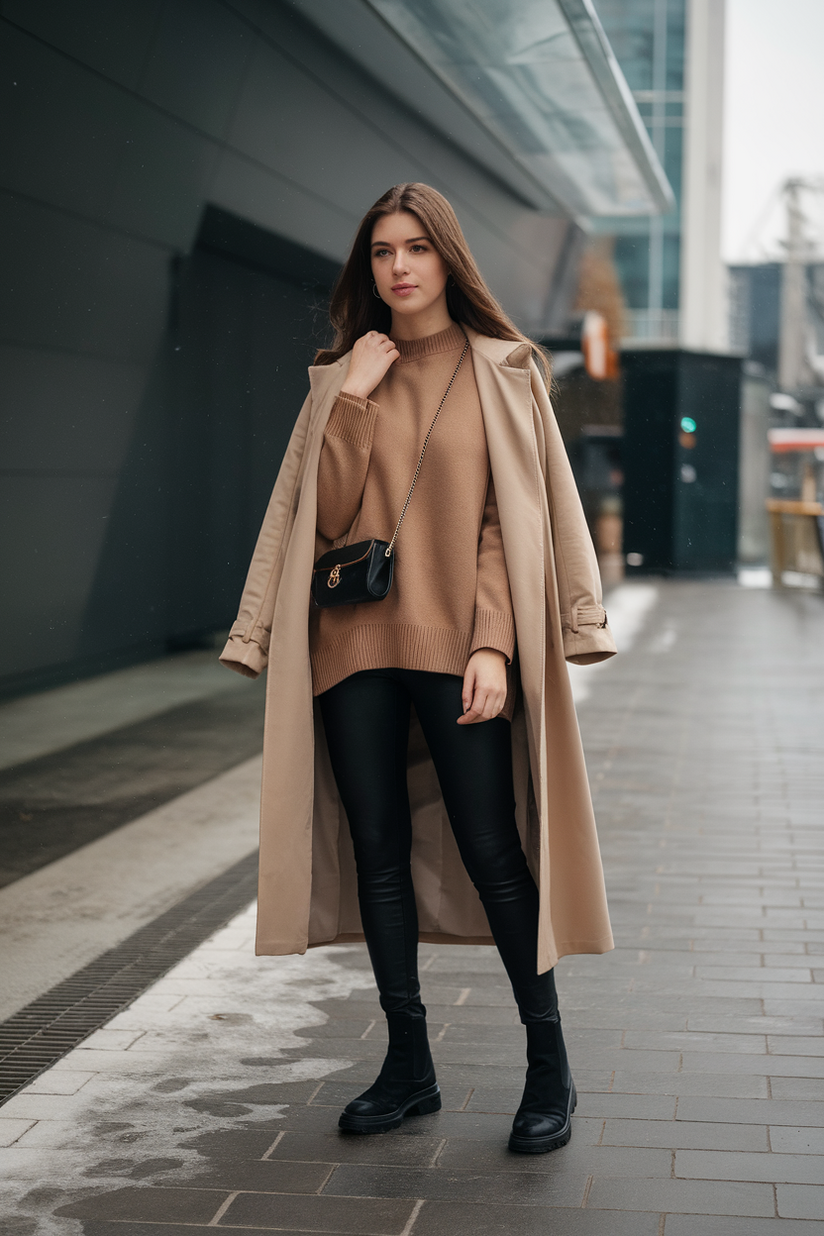 Korean winter outfit with black leggings, a camel sweater, and a beige trench coat.