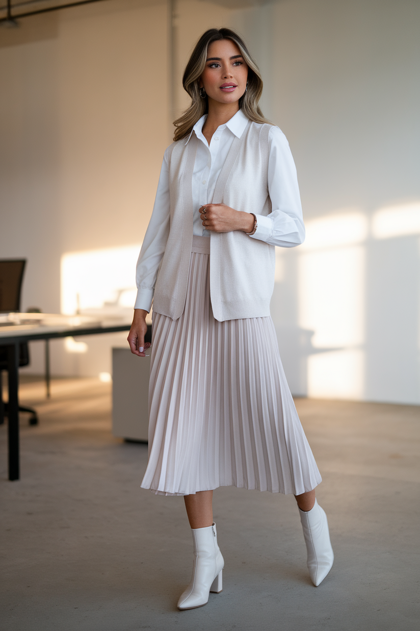 A beige vest and pleated midi skirt styled with a white blouse for Korean-inspired spring work fashion.