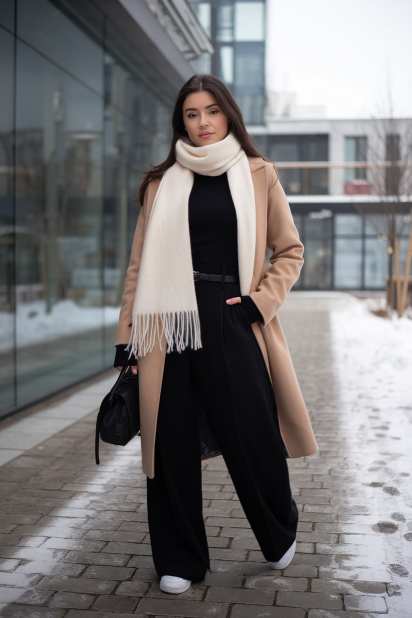 Korean winter outfit with a cream scarf, camel coat, and wide-leg trousers.