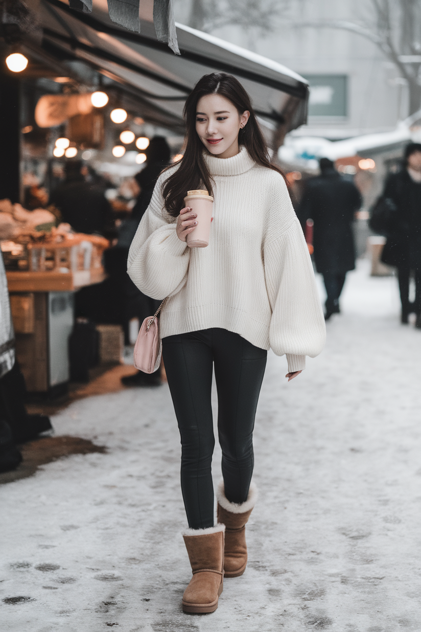 Korean winter outfit with black leggings, white sweater, and chestnut UGG boots.