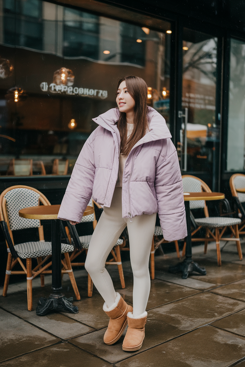 Korean winter outfit with cream leggings, lavender puffer jacket, and tan UGG mini boots.