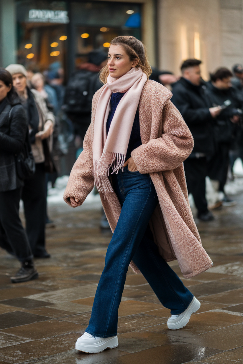 Woman in dark straight jeans, white sneakers, a teddy coat, and pink scarf on a busy winter street.