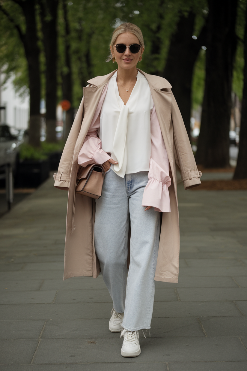 A soft girl layered outfit with a pink cardigan, beige trench coat, and light-wash jeans for a chic layered aesthetic.