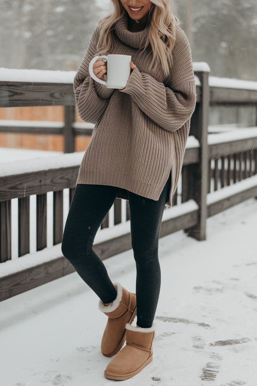 Winter outfit with gray leggings, beige sweater, and tan UGG boots.