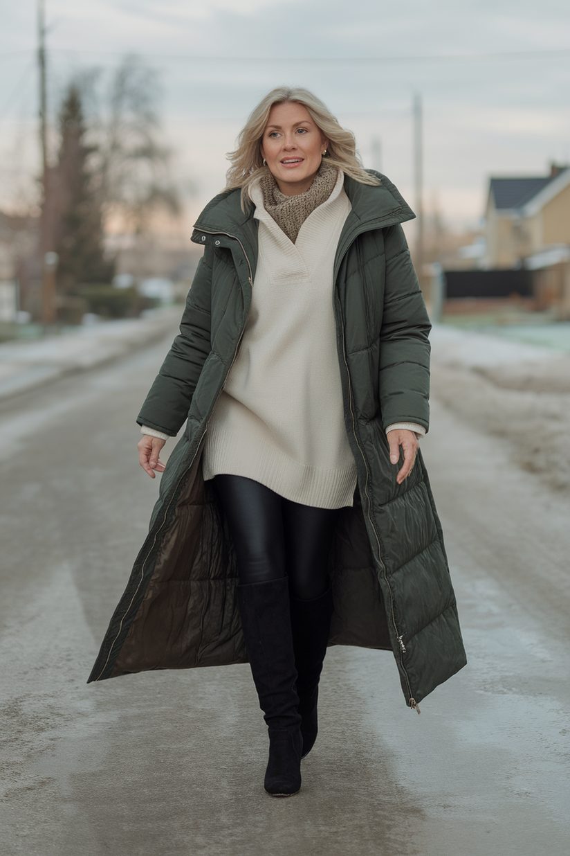 Winter outfit for women over 40 with black leggings, a cream sweater, and a green puffer coat.