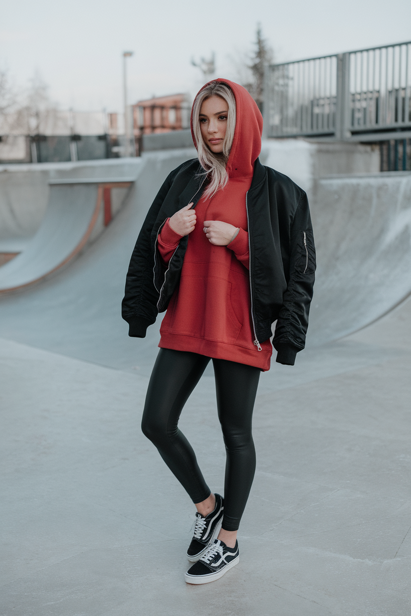 Winter outfit with black leggings, a red hoodie, and black Vans sneakers.