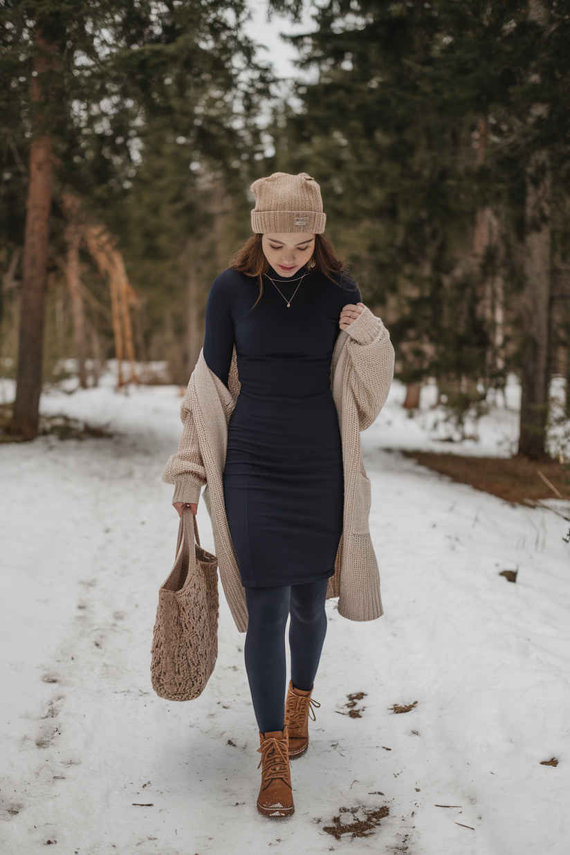 Casual winter outfit with a navy long dress, cream cardigan, and brown boots.