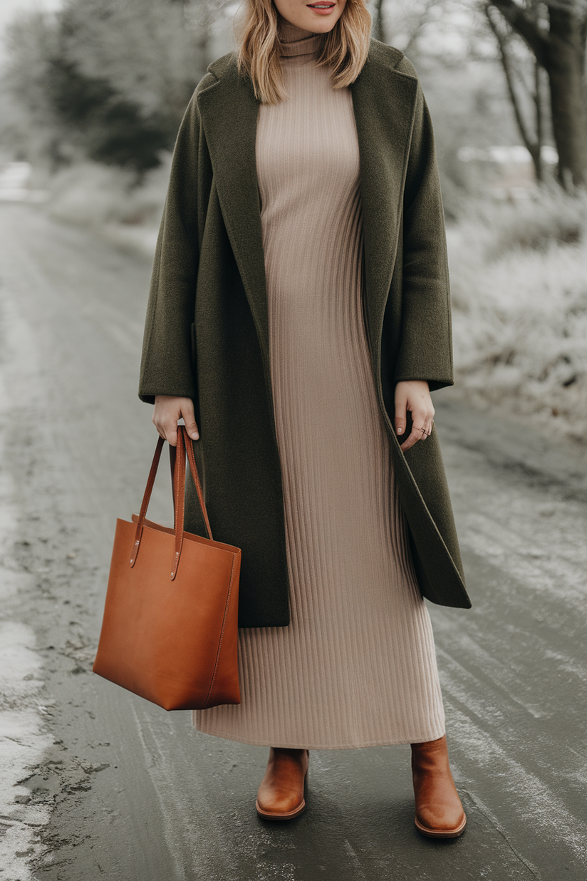 Winter outfit with a beige long dress, green coat, and brown boots.