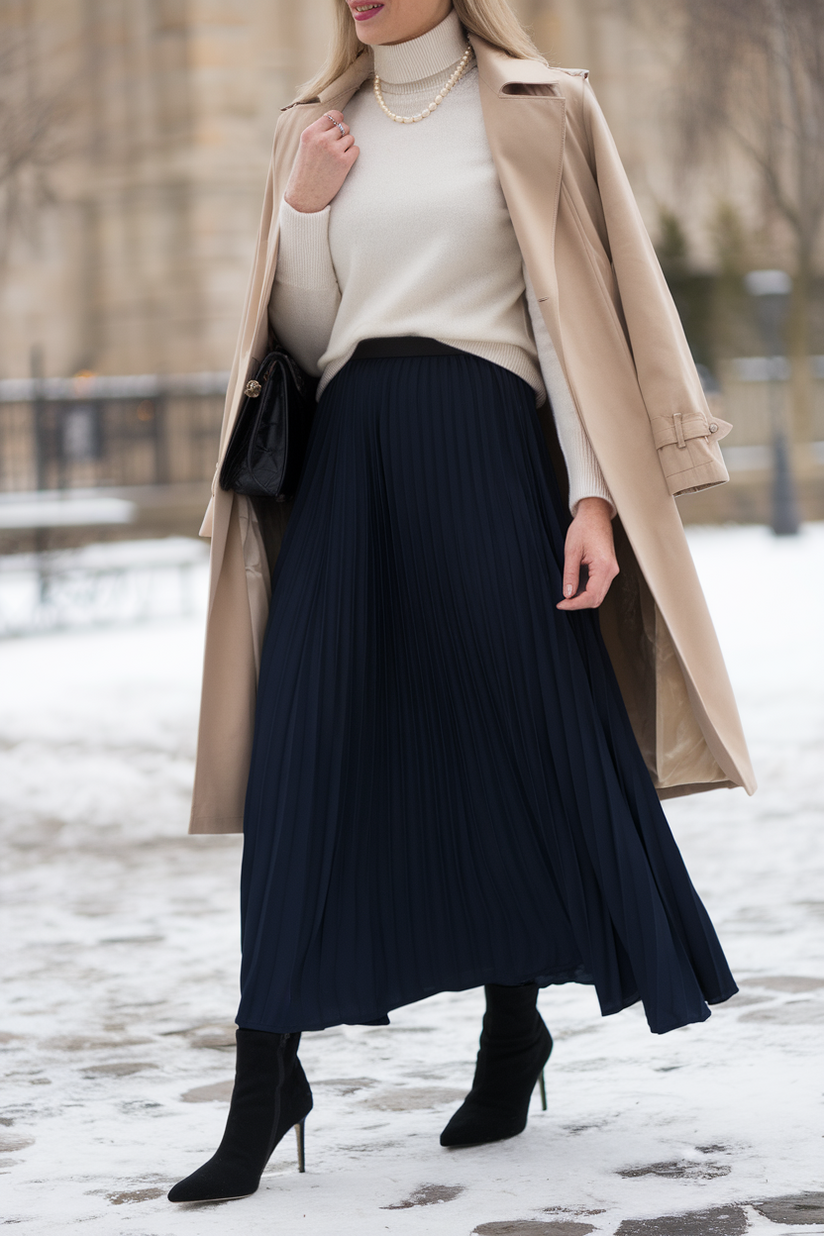 Black pointed-toe ankle boots styled with a navy pleated skirt and cream turtleneck for winter.