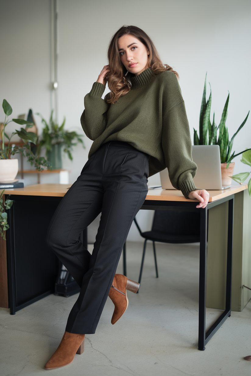 A woman in a green sweater, black trousers, and brown boots for a chic winter work outfit.