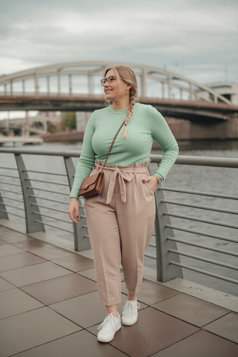 A midsize soft girl outfit with a pastel green knit top and beige trousers, styled with white sneakers for a casual aesthetic.