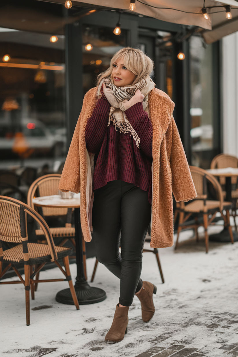 Midsize winter outfit with black leggings, a maroon sweater, and a tan teddy coat.