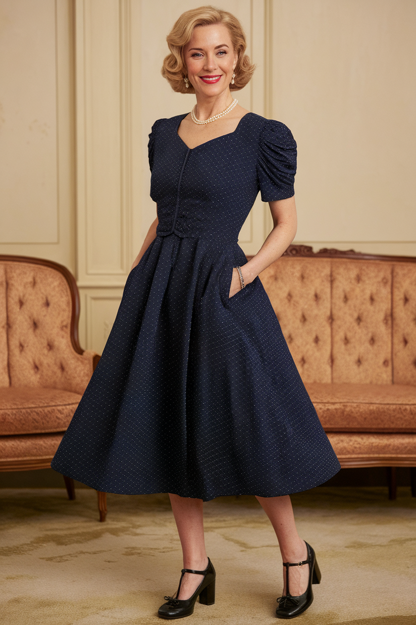 A modest 1930s-inspired navy polka dot dress with Mary Janes in a vintage parlor setting.