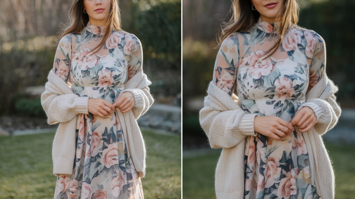 Woman in a pastel floral maxi dress and beige cardigan, styled for a modest and elegant look.