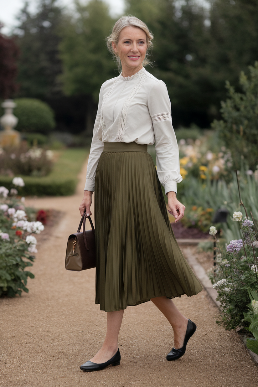 A modest outfit with an olive-green pleated skirt, white blouse, and black flats in a garden setting.