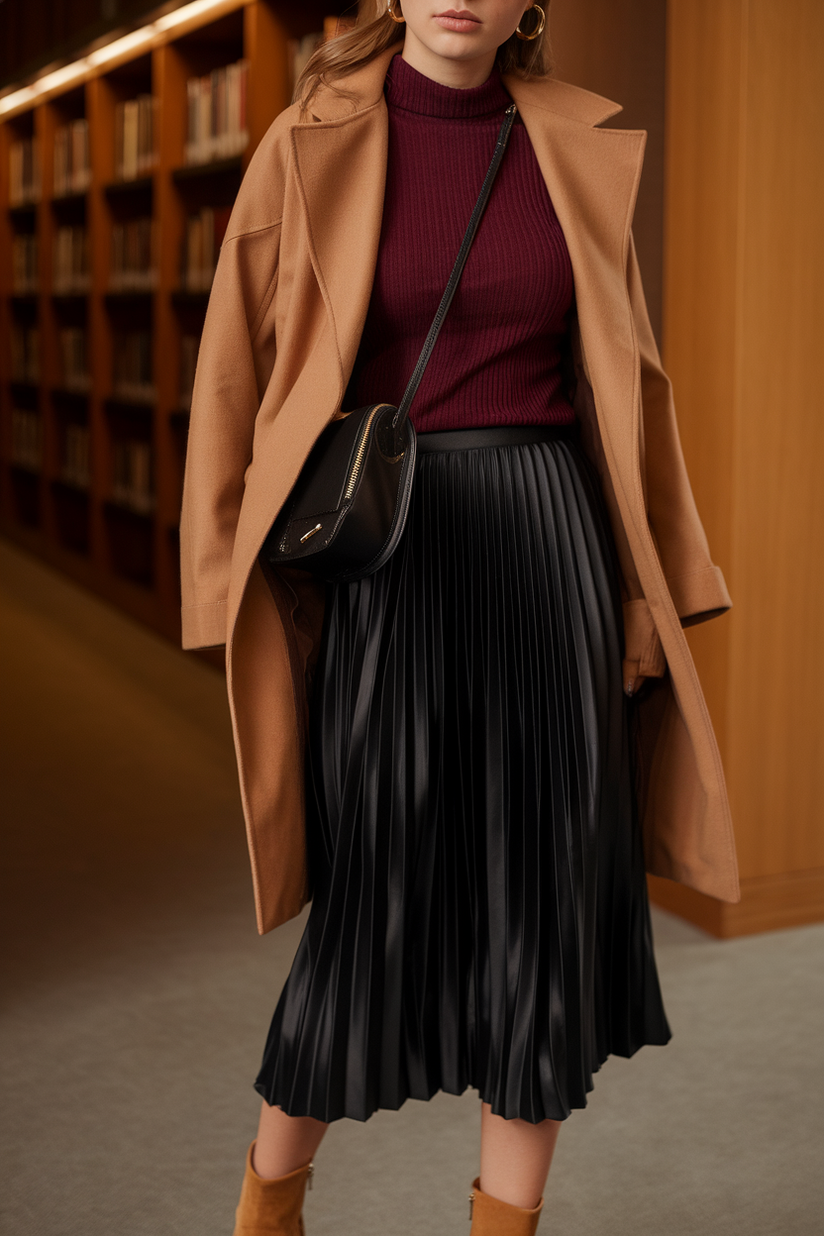 A modest outfit with a black pleated skirt, burgundy turtleneck, and tan ankle boots in a cozy library.