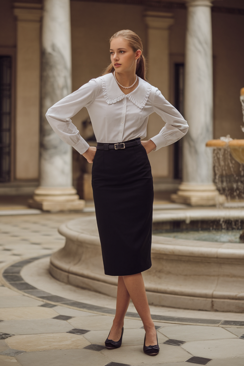 A modest outfit with a black pencil skirt, white blouse, and black flats in a courtyard setting.