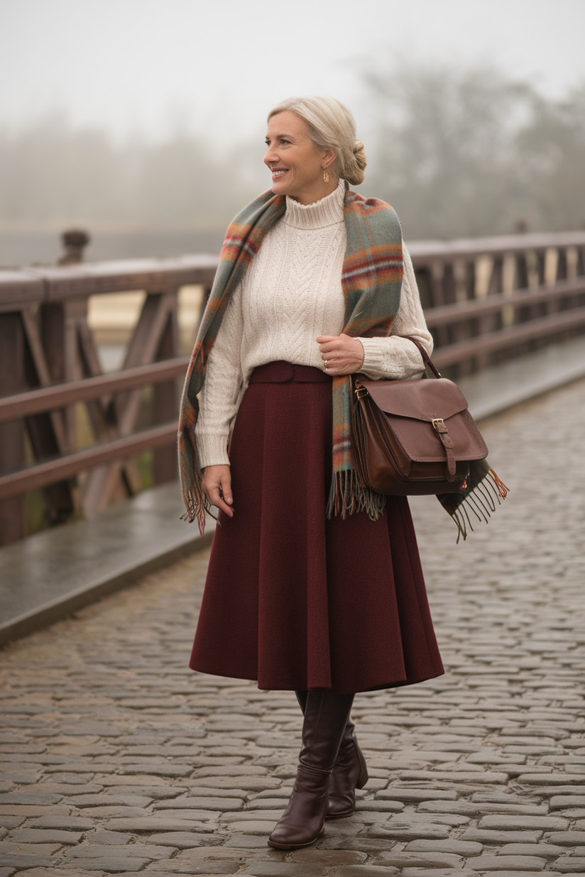 A modest outfit with a maroon wool skirt, cream sweater, and brown boots on a cobblestone bridge.