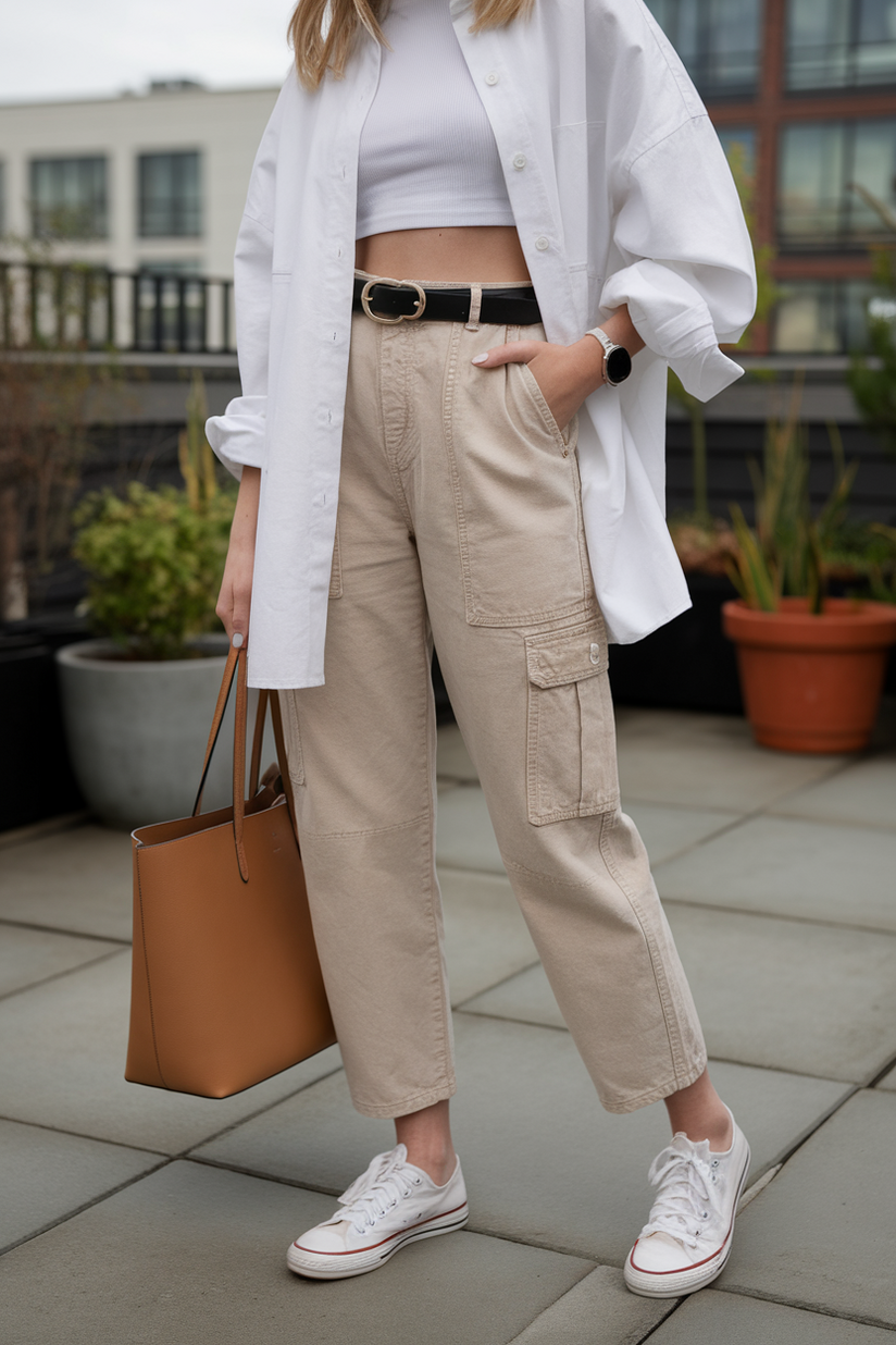 A modest outfit with beige cargo pants, a white button-up shirt, and canvas sneakers on a rooftop garden.