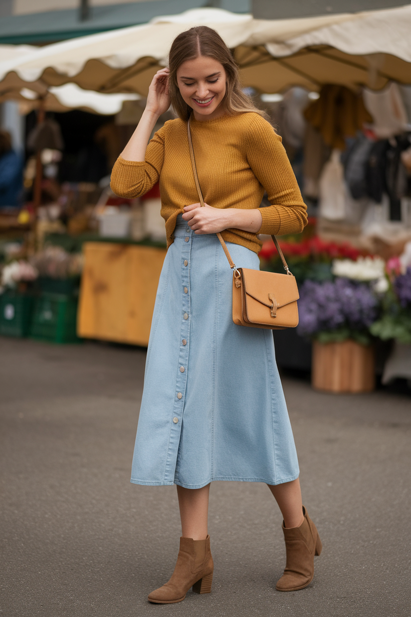 A modest outfit with a denim midi skirt, mustard sweater, and brown boots at an outdoor market.