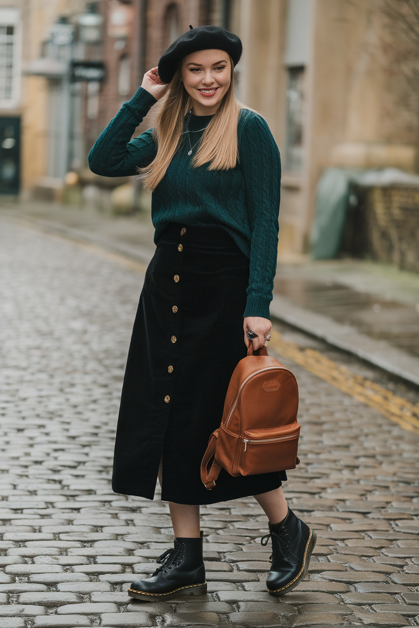 A modest outfit with a black corduroy skirt, green sweater, and Doc Martens on a cobblestone street.