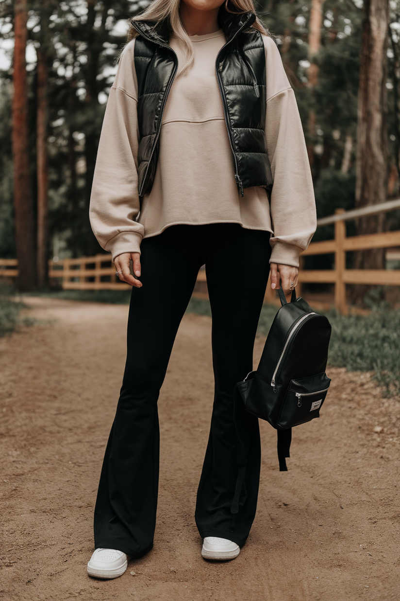 A modest outfit with black flared leggings, a beige sweater, and white sneakers on a forest trail.