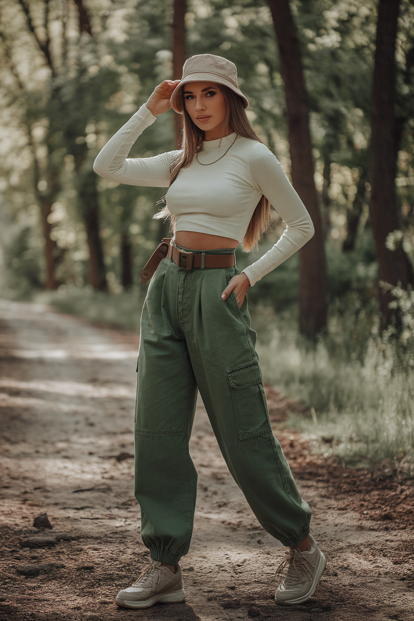 A modest outfit with green cargo pants, a white top, and beige sneakers on a forest trail.